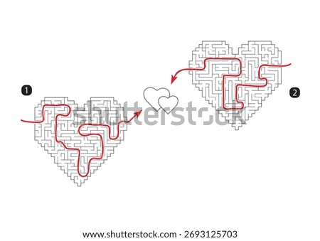 Complex maze puzzle game (high level of difficulty) for two person. Heart as a labyrinth. Puzzle for St. Valentine Day (14 February). labyrinth with 2 hearts No.1 the search for love