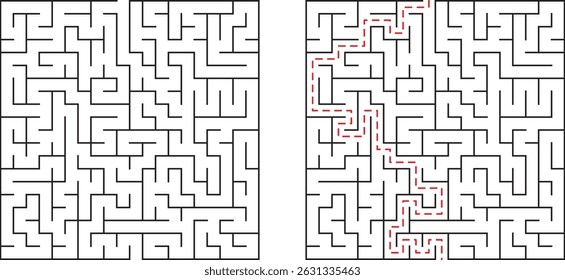 Complex maze puzzle illustrating a path and the solved route with solution indicated