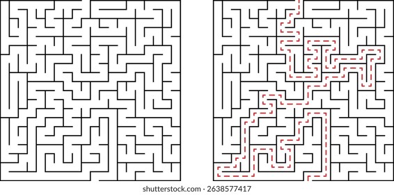 Complex maze with solution illustrated revealing the path to success and achievement