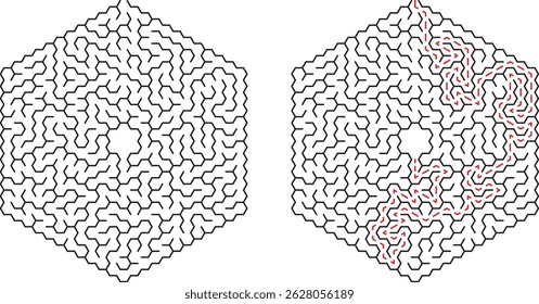 Uma solução de labirinto complexa ilustrando a localização de caminhos e a estratégia dentro da estrutura hexagonal