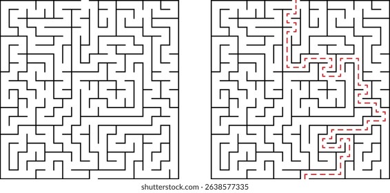 Complex maze and solution illustrating problem solving strategies and finding the right path