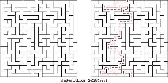 Complex maze with solution path displayed illustrating problem solving and strategy