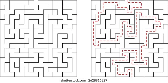 Complex maze with solved path indicated by red dotted line solution concept