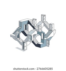 A complex maze of staircases and doors in a surreal architectural design