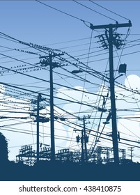 A complex maze of telephone poles and wires