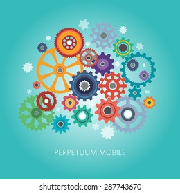 The Complex Mechanism Of Colorful Gears. Set Of Colored Cogwheels Of Different Shapes And Designs.