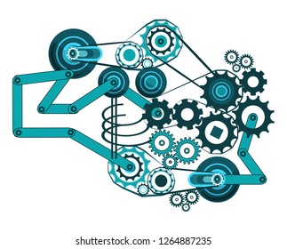 A complex mechanism consisting of gears, belt and crank gears, and other mechanical elements. Engineering industrial fantasy in blue tones on a light background. Vector illustration