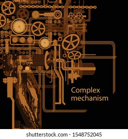 Complex mechanism consisting of gears, belt, ventilation pipes, cranes and flashlights, and other mechanical elements. Submarine mechanism. space ship. Vector illustration