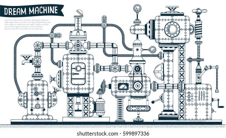 Complex mechanism with interlacing of various mechanical engineering elements is a black and white contour version in the doodle style. Shadow can be disable.