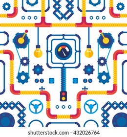 Complex mechanism with parts of engineering systems. Colored flat vector illustraion