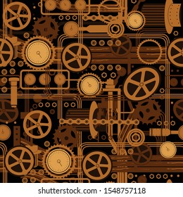Complex mechanism, a seamless pattern consisComplex mechanismting of gears, belt, ventilation pipes, cranes and flashlights, and other mechanical elements. Submarine mechanism, space ship. Vector illu