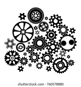 Complex Mechanism Of Various Gears And Cogwheels - Black And White Illustration.