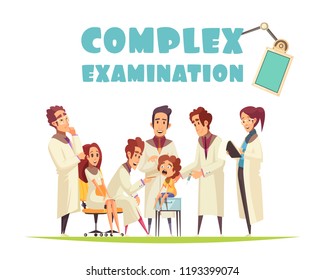 Complex medical examination design concept with group of pediatricians examining little boy vector illustration