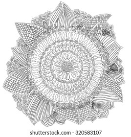 Complex meditative coloring book for adults and children in the form of a beautiful flower with petals mandala. Mandala isolated.