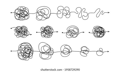 Complex messy connected lines as concept of chaos solving. Process of problem simplifying in mind. Vector illustration of confusion to clarity step by step, psychotherapy path for mental health.