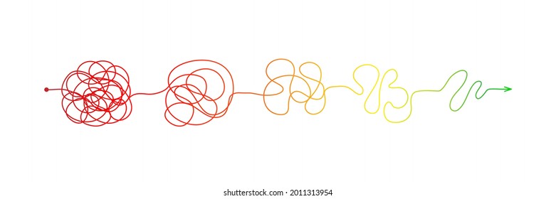 Complex messy connected lines as concept of chaos solving. Process of problem simplifying in mind. Vector illustration of confusion to clarity step by step, psychotherapy path for mental health. - Shutterstock ID 2011313954