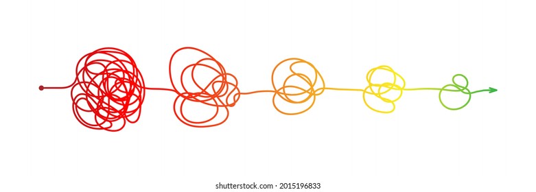 Complex messy connected lines as concept of chaos solving. Process of problem simplifying in mind. Vector illustration of confusion to clarity step by step, psychotherapy path for mental health.