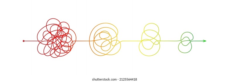 Complex messy connected lines as concept of chaos solving. Process of problem simplifying in mind. Vector illustration of confusion to clarity step by step, psychotherapy path for mental health. - Shutterstock ID 2125564418