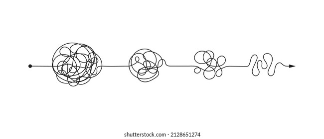Complex messy connected lines as concept of chaos solving. Process of problem simplifying in mind. Vector illustration of confusion to clarity step by step, psychotherapy path for mental health. - Shutterstock ID 2128651274