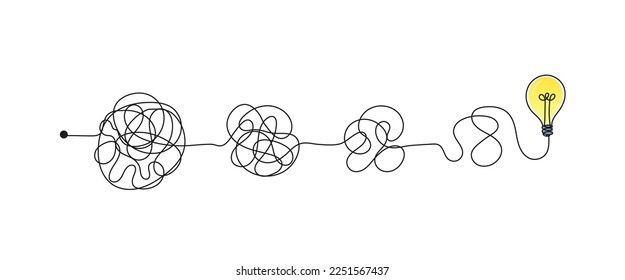 Complex messy connected lines as concept of chaos solving. Process of problem simplifying in mind. Vector illustration of confusion to clarity step by step, business solution idea searching