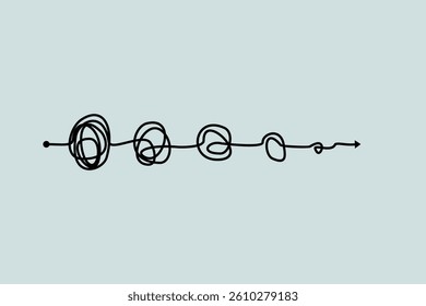 Complex messy connected lines as concept of chaos solving. Process of problem simplifying in mind. Vector illustration of confusion to clarity step by step, psychotherapy path for mental health