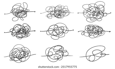 Komplexe chaotische Linie als Konzept der Problemlösung. Komplizierter Katzenweg. Verwickelter Kritzelpfad. Vereinfachung des Verfahrens. Verwirrter, komplizierter Weg von schwierig zu einfach Schritt für Schritt Prozess