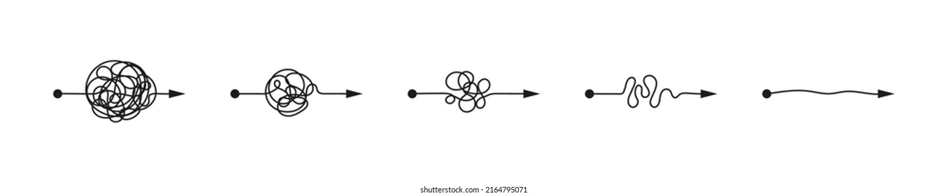 Complex messy lines as concept of chaos solving. Process of problem simplifying in mind. Vector illustration of confusion to clarity step by step, psychotherapy path for mental health