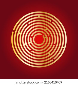 Complex metallic gradient labyrinth symbol on a red background vector illustration. Image of the circular isolated maze target board. Golden round maze puzzle logo icon.