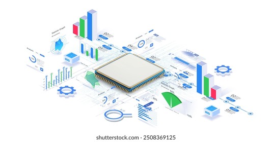 Ilustración vectorial de visualización de datos de microchip complejo. Componentes de microchip de CPU de la tecnología de circuitos. procesador Electrónica.