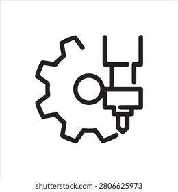 Complex milling concept icon drawing in outline style. Abstract drill and gear label. Graphic web pictogram. Automation and precision system.Technology and industrial contour logo. Vector.