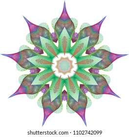 Complex multi-layered floral guilloche rosette with spiky petals in deep red violet and blue behind a delicate lacy green star rosette.