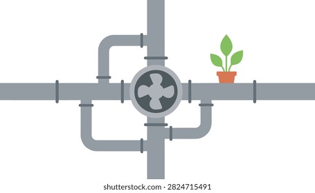 Complex network of industrial pipes connected to a central ventilation fan with a small potted plant sitting on the right pipe section.