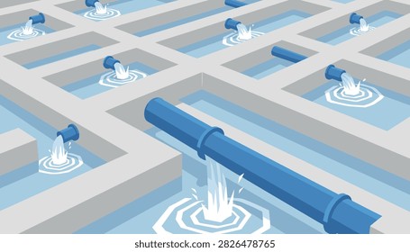 Complex network of interconnected water pipes and concrete channels in industrial facility.