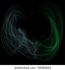 A complex network structure formed by the interweaving of smoothly curved lines against black background