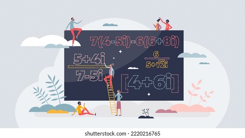 Complex numbers equation study or solving mathematical problems tiny person concept. Blackboard with difficult math or algebra theory functions for complicated knowledge learning vector illustration.