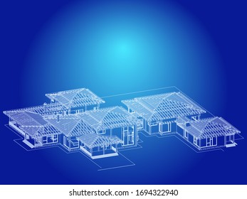 A complex of one-story buildings connected by covered walkways, the truss system is visible, and the roofs are not shown conditionally. Vector.