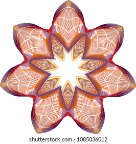 Complex open star guilloche rosette with dark color palette of purple, red, and orange mesh waves.