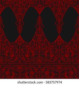The complex openwork pattern. Repeated background. Lacy seamless texture. It can be used as wallpaper, upholstery, wrapping, fabric or your design. Red on black.