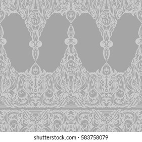 The complex openwork pattern. Repeated background. Lacy seamless texture. It can be used as wallpaper, upholstery, wrapping, fabric or your design. Black on white. Light gray.