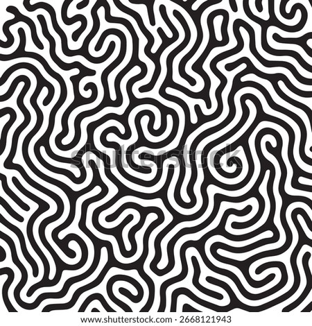 A complex, organic maze-like pattern fills the frame with flowing black lines against a stark white background, evoking natural growth and intricate designs.