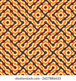 A complex organic pattern with a combination of circles, wavy lines and geometric shapes in orange, red, cream and navy blue. The impression is abstract and dynamic.