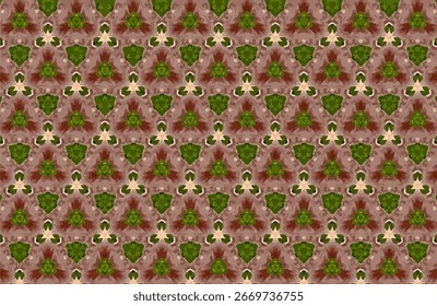Design de padrão complexo com um arranjo geométrico repetitivo de elementos castanhos e verdes alternados, ideal para fundos têxteis, papel de parede ou arte digital