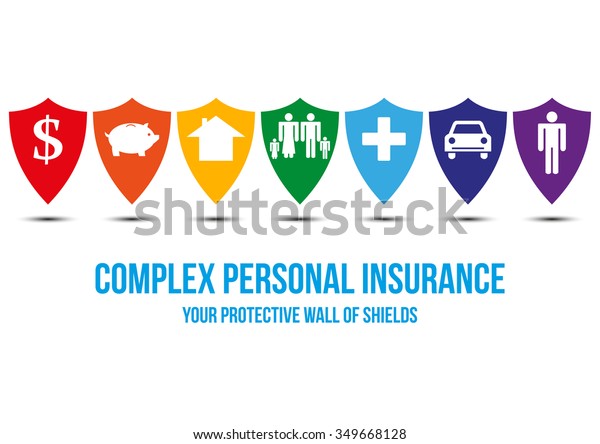 Complex personal insurance design concept with\
wall of shields, every shield symbolizes protection for different\
areas person can encounter problem with - car, health, family,\
house, money, savings