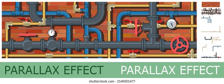 Complex pipeline system with shadow on brick wall background. Sewer and water pipes. Gas supply. Solid layers for image folding with parallax effect. Vector.