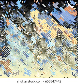 Complex pixel pattern reminiscent of a maze. Abstract geometric background consisting of rectangles of different sizes and colors