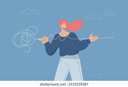 Complex problem solving process to simple problem solving concept, Problem solving skills by thinking of solutions, Businesswoman untangling a tangled rope into a simple straight line. Vector design
