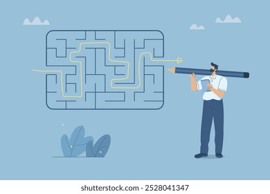 Complex problem solving skills, Businessman holding a big pencil showing how to solve a maze, Solving complex business problems, Intelligence and the ability to overcome difficulties.
