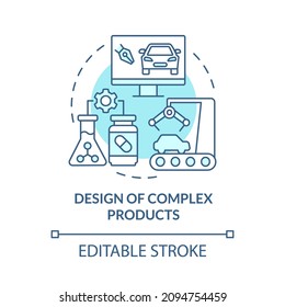 Complex products design turquoise concept icon. Production automation abstract idea thin line illustration. Isolated outline drawing. Editable stroke. Roboto-Medium, Myriad Pro-Bold fonts used