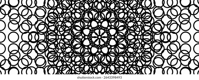 A complex, radial mandala-like pattern made entirely of overlapping black circles on a white background.  - Powered by Shutterstock - Get 15% off with code: PIKWIZARD15