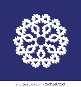 Complex radial snowflake design with symmetric geometry on isolated background. Cold temperture icon, logo, or product pattern. Cute snow winter themed wrapping paper idea for Christmas. EPS 10.
